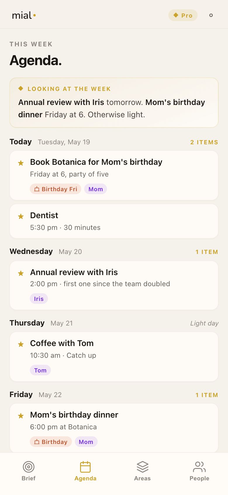 mial agenda view showing scheduled items by date