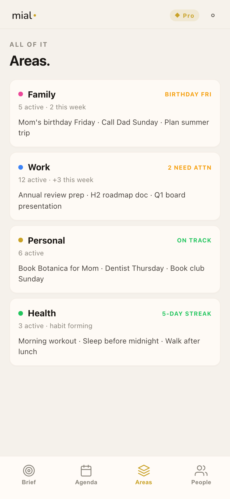 mial areas view grouped by Work, Personal, and Health
