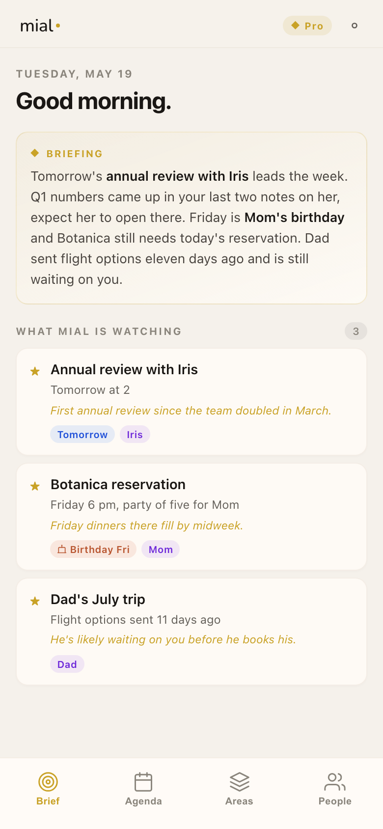 mial brief view showing today's tasks and an energy check-in