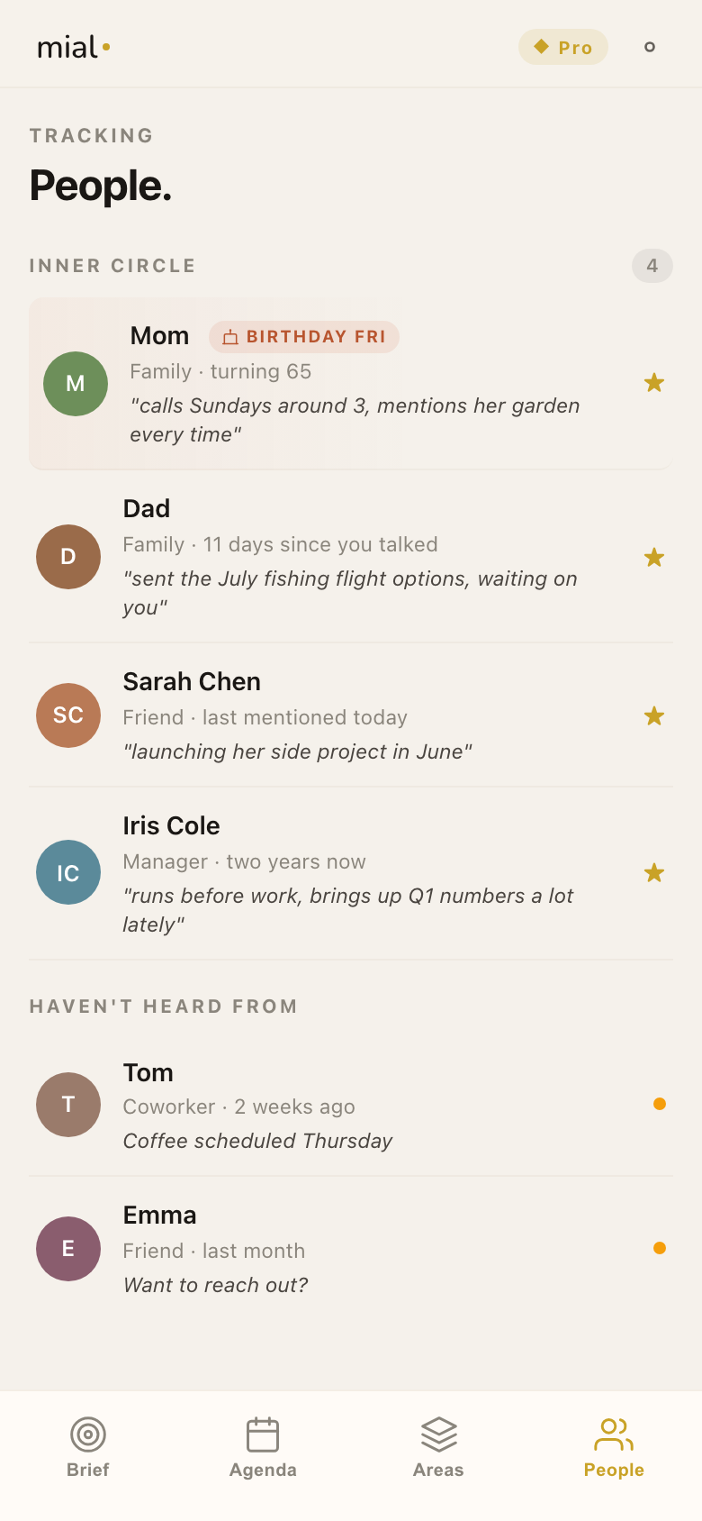 mial person detail showing avatar, relationship, and activity log
