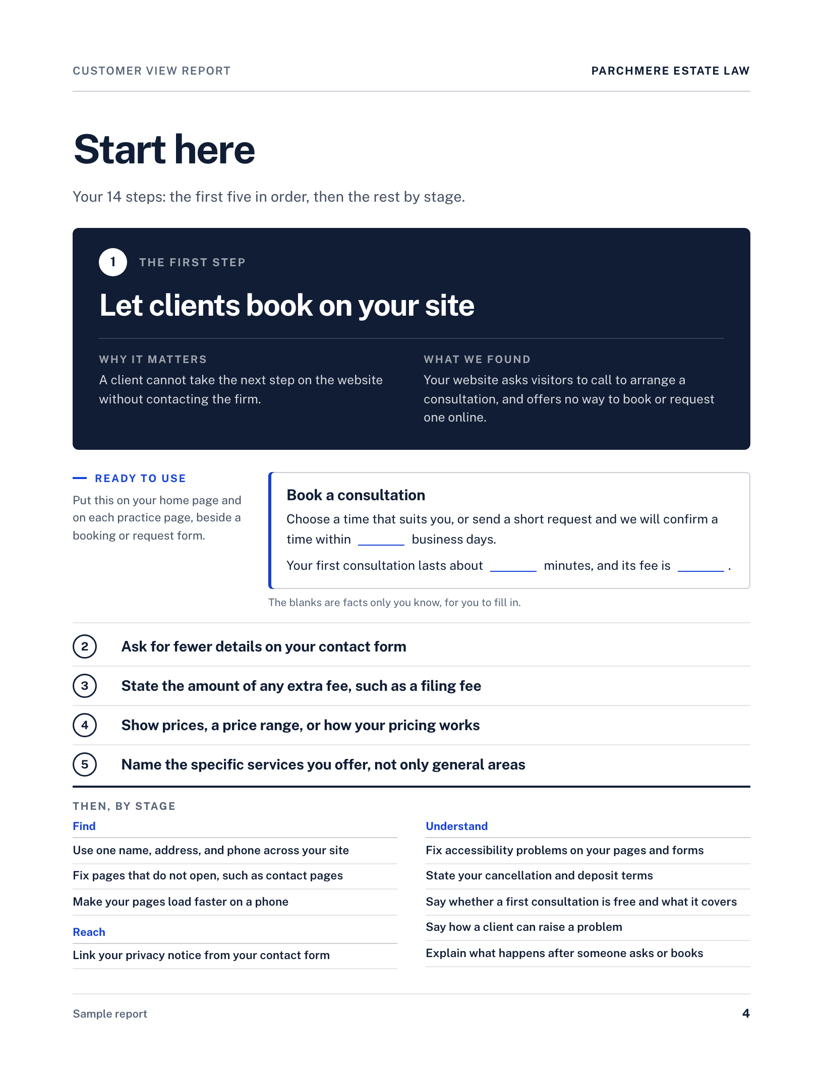 The report's Start here page: the first step, why it matters, ready-to-use wording, and the next steps in order.