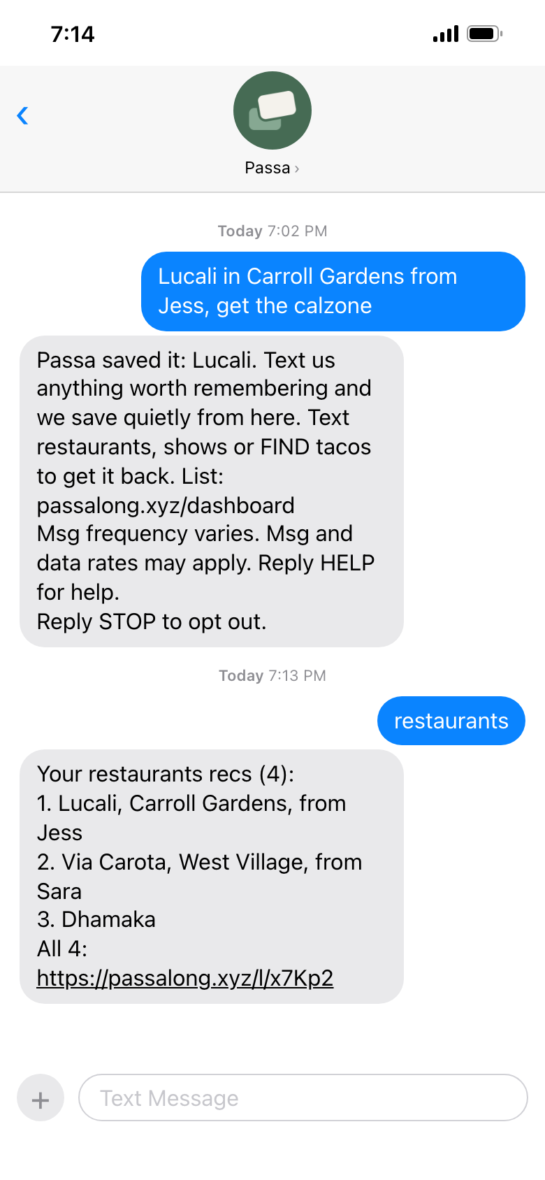 A text thread with Passa: a rec saved by text, Passa's reply, and texting restaurants to get the list back.